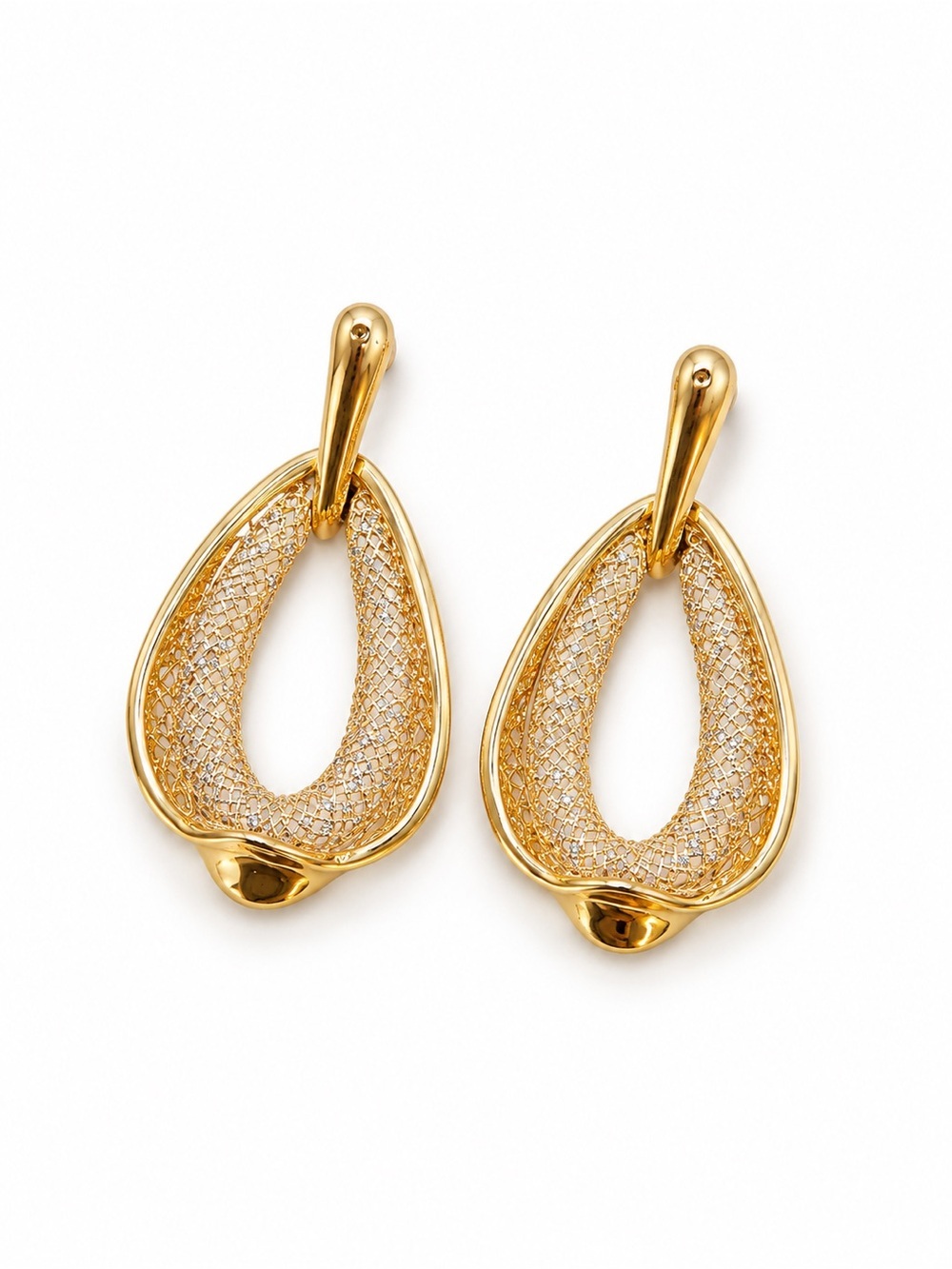 ✨ Gold Tone Open Teardrop Mesh Statement Earrings - Picture 1 of 4